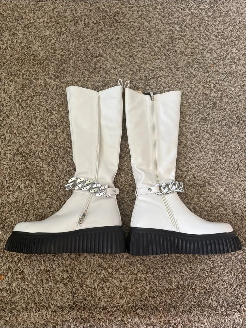 Nasty Gal White Platform Knee-High Boots with Chain Accent. Size 8